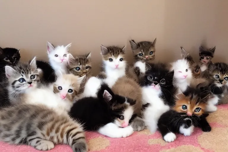 Image similar to a living room full of cute kittens that are all facing the camera