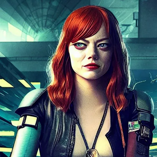 Image similar to full shot photo of emma stone as a cyberpunk amazon warrior