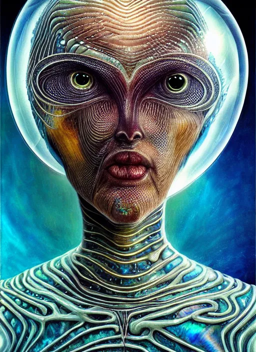 Prompt: biopunk alien portrait by julie bell, fish skin, intricate biopunk patterns, ethereal hair, iridescent eyes, glass bubble helmet, escaping air bubbles, underwater, detailed!, very sharp!!!