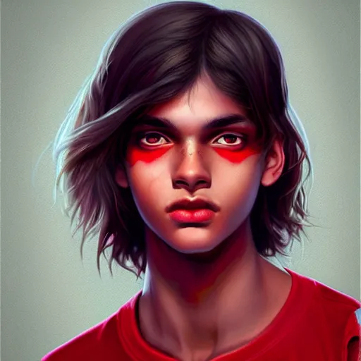 Image similar to colorful and festive captivating teenager with straight brown hair covering his eye, dark skin, big lips, big eyes, wearing a red t - shirt. rich vivid colors, ambient lighting, dynamic lighting, 4 k, atmospheric lighting, painted, intricate, highly detailed by charlie bowater