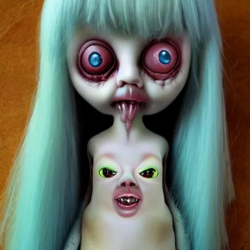 Prompt: weird horror tuza doll creepy illusice melting