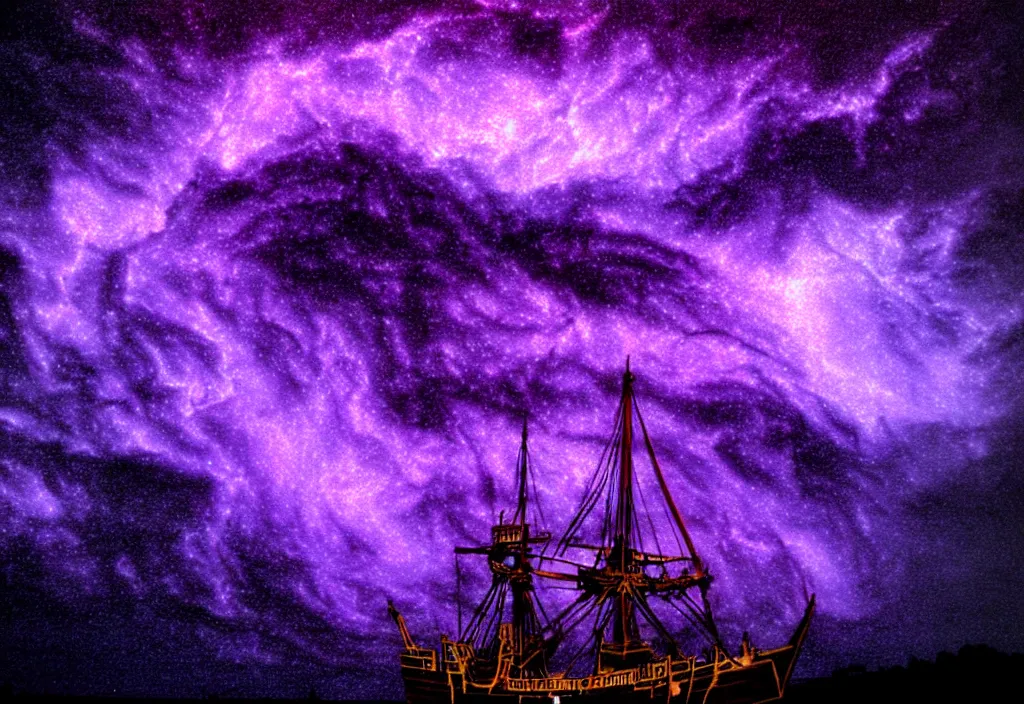 Prompt: purple color lighting storm with stormy sea close up of a pirate ship trippy nebula sky by banksy