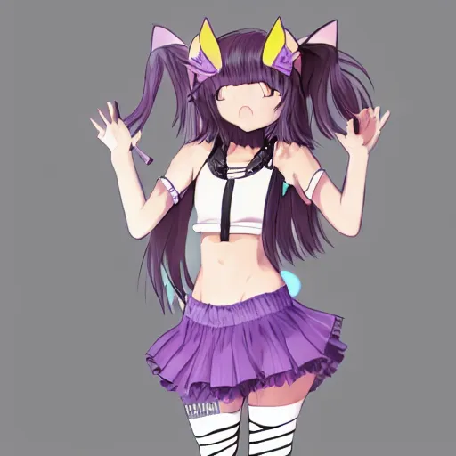Prompt: Nekomimi girl with curly brown bangs, cat ears, an open shoulder purple crop top, a trans flag bracelet, jean shorts, sneakers, and striped thigh-high socks, Artstation