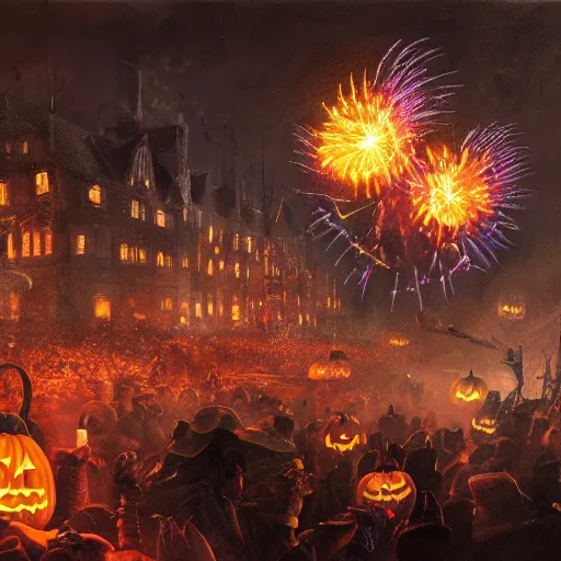 Image similar to halloween festival with colorful fireworks, 8 k octane beautifully detailed render, post - processing, extremely hyper - detailed, intricate, epic composition, cinematic lighting, masterpiece, trending on artstation, masterpiece, stunning art by anders zorn, wonderful masterpiece by greg rutkowski, beautiful cinematic