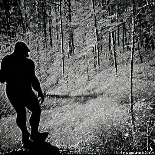 Prompt: a trailcam photo of bigfoot, grainy, vintage, partially obscured