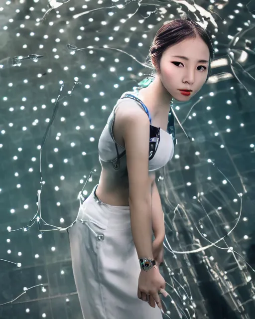 Image similar to beautiful centered photo of korean girl as a solarpunk cyborg with white mechanical parts and implanted bright halogen lamps, treading above calm water, ultra - realistic and detailed, sun lit, white background, bokeh, soft focus, slow exposure hdr 8 k