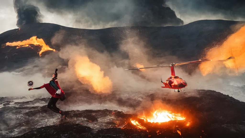 Image similar to person wearing a sponsored team jersey with logos jumping out of a helicopter with a surfboard into a volcano, action shot, dystopian, thick black smoke and fire, sharp focus