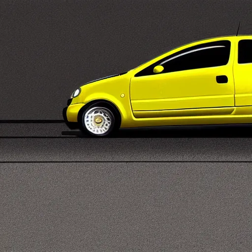 Prompt: digital art, Yellow Fiat Punto, donut wheels