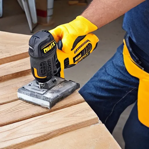 Prompt: latino man using cordless power tool made by dewalt