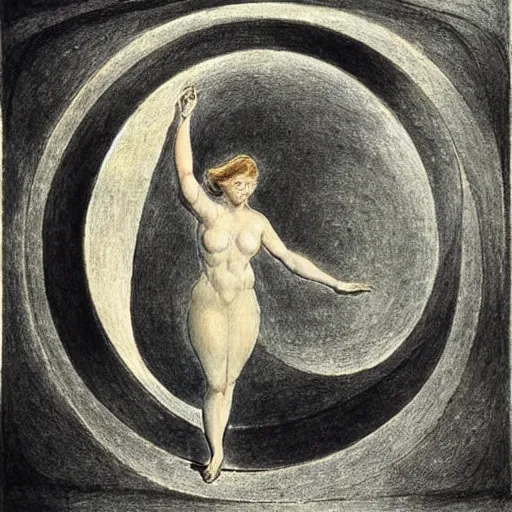 Prompt: A illustration. A rip in spacetime. Did this device in her hand open a portal to another dimension or reality?! by John Duncan, by William Blake precise, monumental