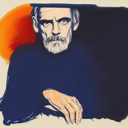 Prompt: powerful blue mage Jeremy Irons wearing navy blue sweatshirt brandishes a blue electricity orb norman ackroyd jim lambie greg rutkowski rothko tombow