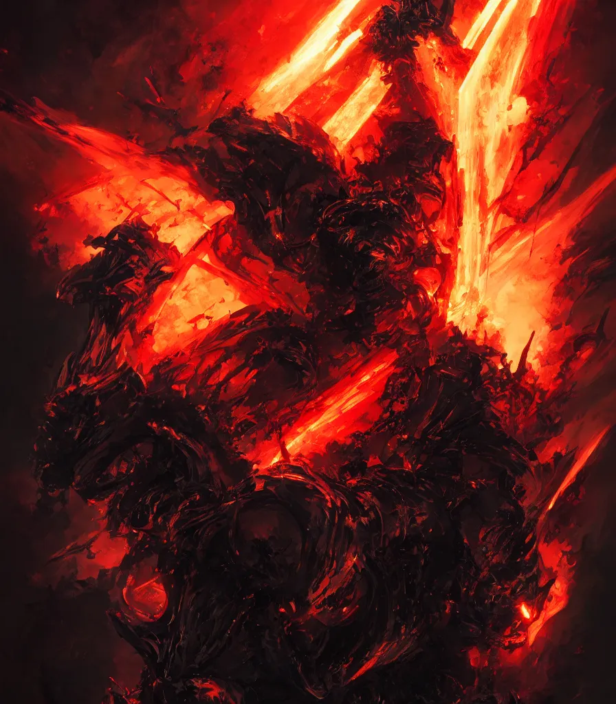 Image similar to a hellish knight paladin, black armor, bright flames, flowing backlit hair, beautifully designed character, award winning collaborative painting by geg ruthowski, alphonse murac, craig mullins, ruan jia, wlop, yoji shinkawa, collaborative artwork, exquisitely high quality and detailed