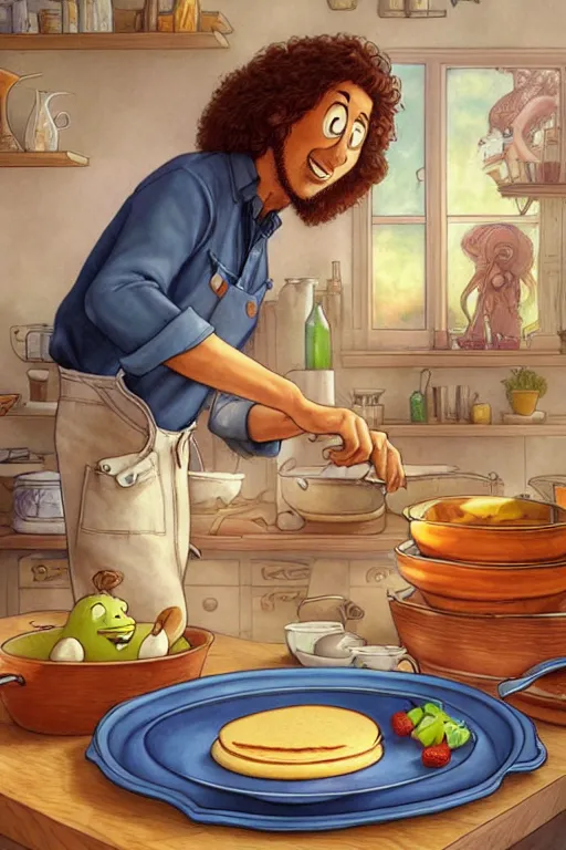 Image similar to arlo guthrie making pancakes, animation pixar style, by pendleton ward, magali villeneuve, artgerm, rob rey and kentaro miura style, golden ratio, trending on art station