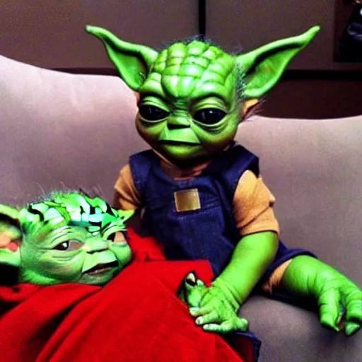 Image similar to baby yoda hanging out with iron man