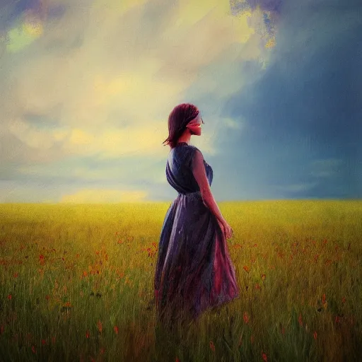 Prompt: woman standing in field, mattepainting, artstation, impressionism, flower head