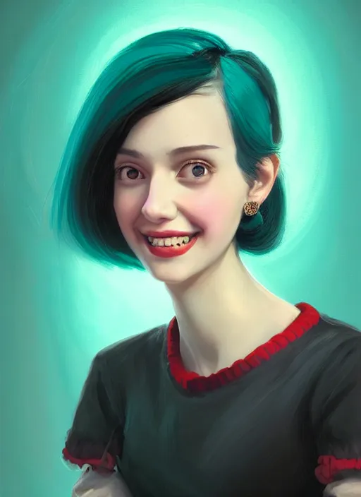 Image similar to portrait of high school girl, realistic, black hair, bangs, half updo hairstyle, pointy nose, skinny, smile, ugly, defined jawline, big chin, teal hair bow, earrings, intricate, elegant, glowing lights, highly detailed, digital painting, artstation, sharp focus, illustration, art by wlop, mars ravelo and greg rutkowski