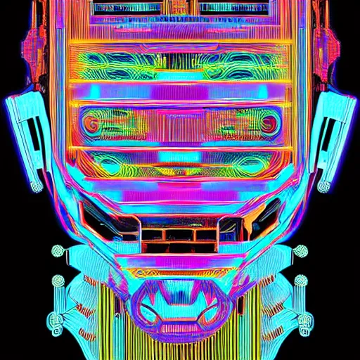 Prompt: hyperdetailed portrait of a spaced out cyberpunk aztec futurism robot head, 8 k, symetrical, flourescent colors, halluzinogenic, meditative, multicolored vector art, black background