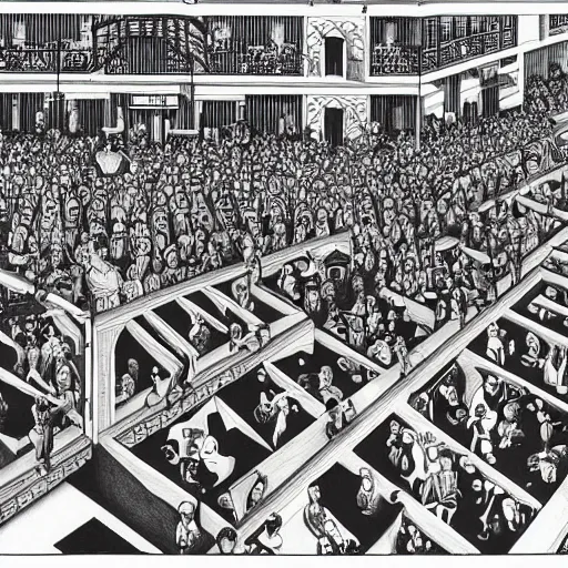 Image similar to a m. c. escher style drawing of a nightclub filled with people