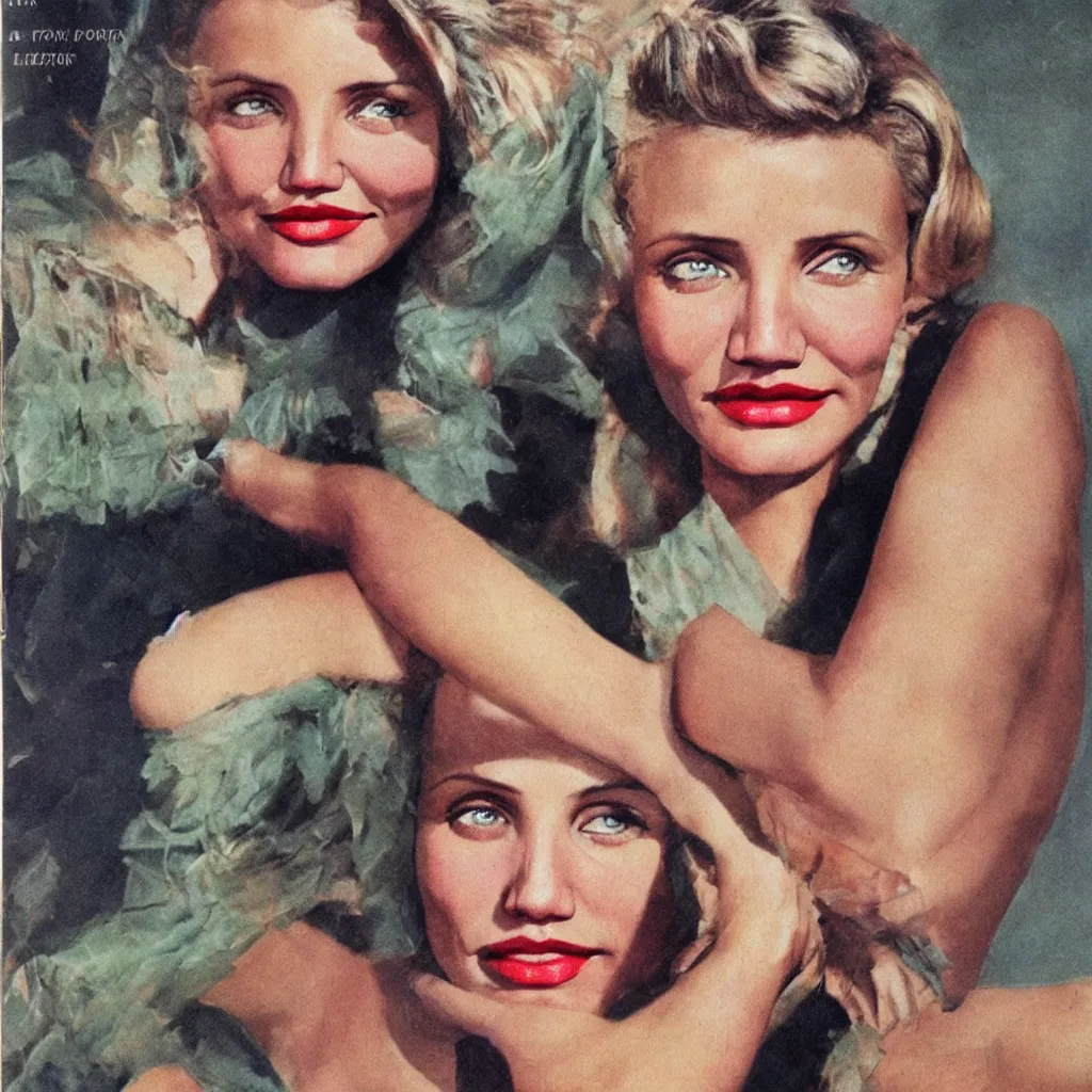 Image similar to Cameron Diaz portrait, color vintage magazine illustration 1950