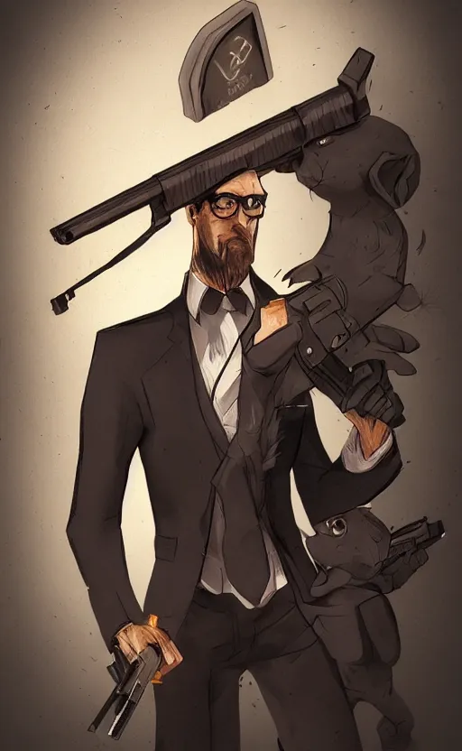 Image similar to rabbit as a hitman, suit and tie, with silenced gun, dynamic lighting, fantasy concept art, trending on art station, stunning visuals, creative, cinematic, ultra detailed, comic strip style