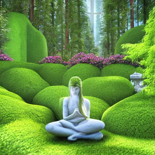 Image similar to hyper realistic render of a heavenly garden of peace, filled with trees, stone slab, flowers, moss, ferns, a girl meditating at a distance, trending on artstation, volumetric lighting, hyper realistic, hyper detailed, high quality render, blender guru