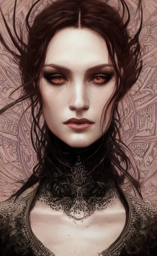 Image similar to portrait of a dark witch, confident, menacing, mysterious, intricate, headshot, highly detailed, digital painting, artstation, concept art, sharp focus, cinematic lighting, illustration, art by artgerm and greg rutkowski, alphonse mucha, cgsociety