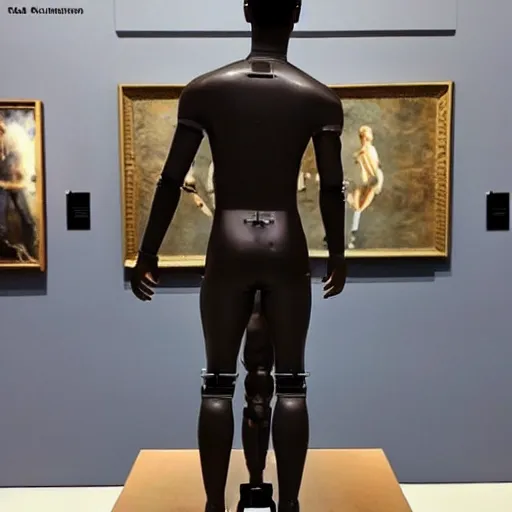 Image similar to “ a realistic detailed photo of a guy who is an attractive humanoid who is half robot and half humanoid, who is a male android, soccer player antoine griezmann, shiny skin, posing like a statue, blank stare, at the museum, on display ”