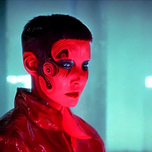 Image similar to cinematic portrait of a runaway replicant with tribal facepaint and a red translucent plastic raincoat in an empty room, still from the movie bladerunner, fashion photography, a neon sign is in the background