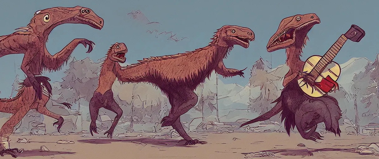 Image similar to a beautiful illustration of a bearded velociraptor playing a banjo at a square dance by James Jean | comic book:.5 | unreal engine:.6