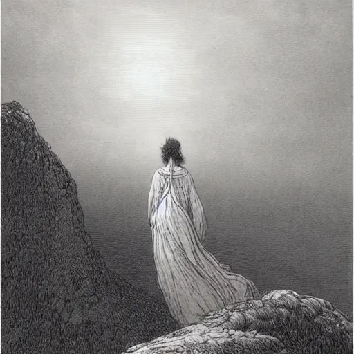 Prompt: A lonely woman, distant city, forest, cliff, illustration by Paul Gustave Doré