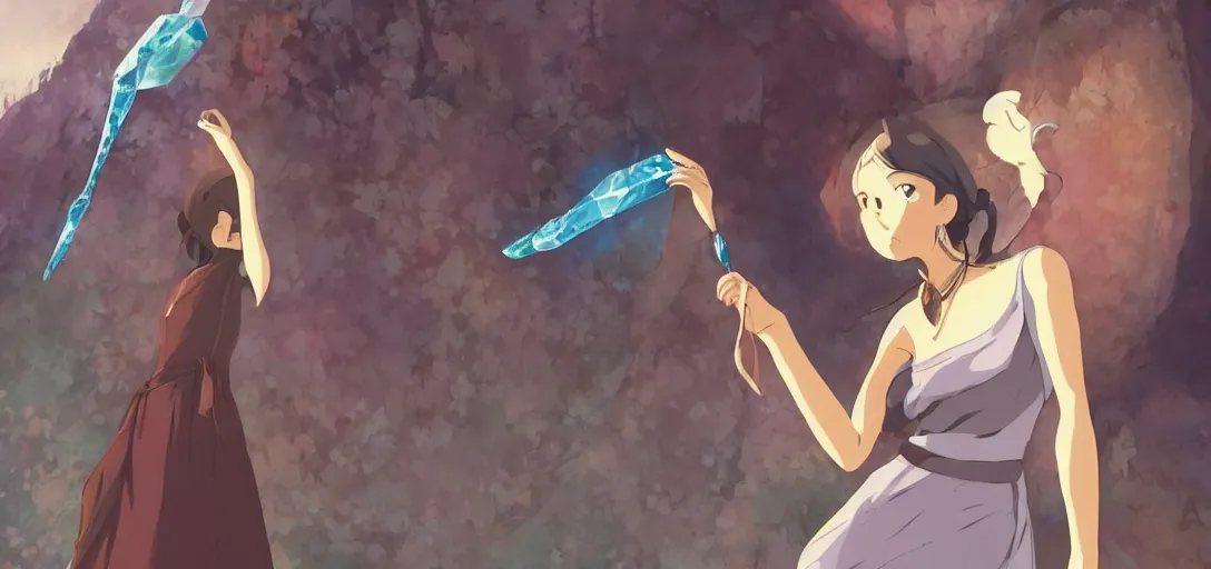 Image similar to Full body portrait of a Himalayan woman in a sleeveless dress, casting a spell on a giant crystal in a cave, detailed, artstation, by Kyoto Animation and Studio Ghibli, by Makoto Shinkai and Ilya Kuvshinov