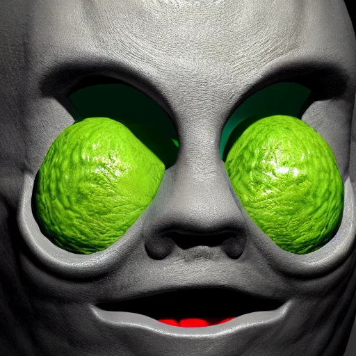 Prompt: a film still from a horror movie featuring a lime monster, scars on his face, 3 d render, blender