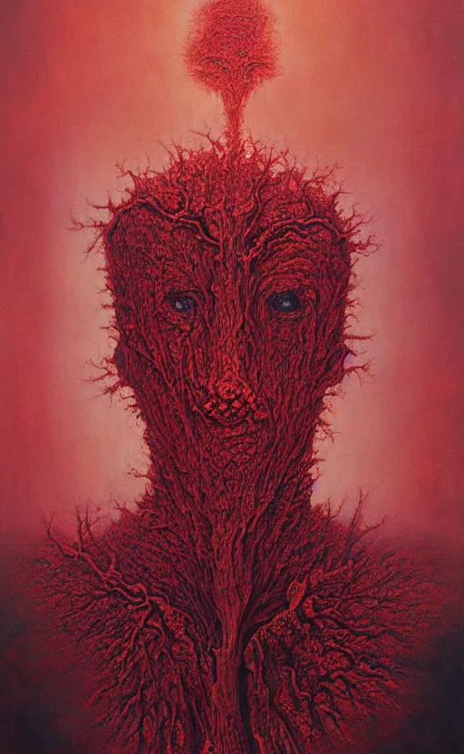 Image similar to black dramatic portrait painting of human with black mandelbrot fractal instead of face, in style of zdzisław beksinski, dark red, horror, body horror, scary,