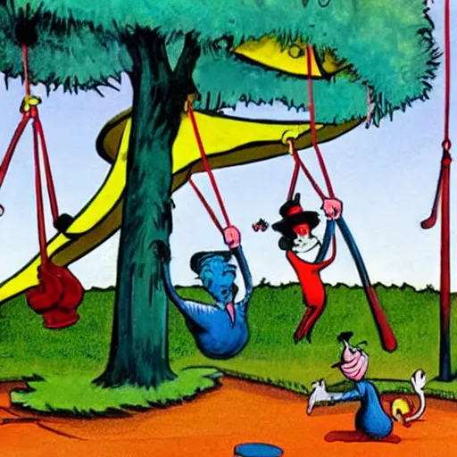 Prompt: painting of a swing set by dr seuss | horror themed | creepy