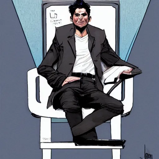 Image similar to a beautiful artwork of a young male scientist with black hair and white shirt sitting on an office chair explaining something by Jerome Opeña, featured on artstation