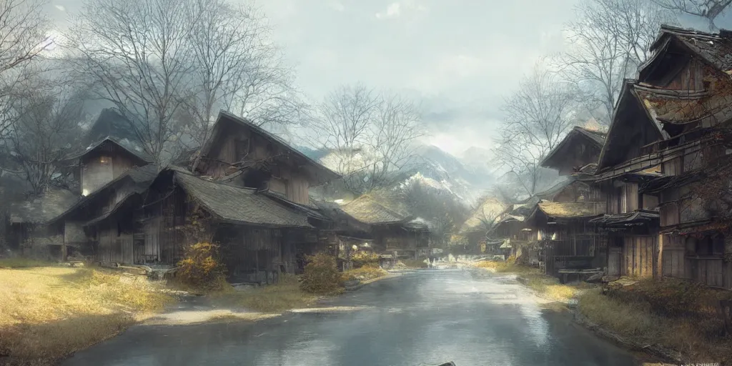 Prompt: walking around rural shirakawa - go, gifu, japan. volumetric lighting, spring early, nice slight overcast weather, realistic illustration, perfectly shaded, ( golden hour ), soft painting, low angle, art by krenz cushart and wenjun lin