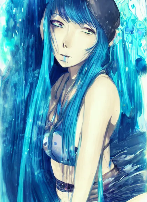 Image similar to a woman with blue hair sitting underwater, a beautiful anime drawing by yuumei, featured on pixiv, pixiv, seapunk, very anime anime!! detailed