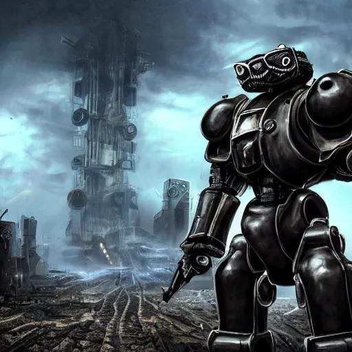 Prompt: photorealistic anthropomorphic cat, wearing black huge cyber robot exoskeleton big power armor without helmet, holding huge laser gatling gun, post apocalyptic cinematic photorealistic background, still, standing on graveyard