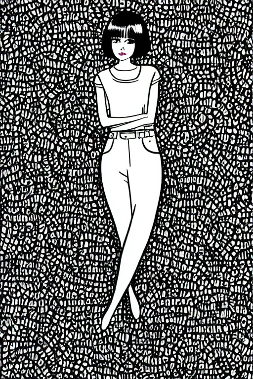 Image similar to portrait of a girl in long pants and a top, hands in pockets, eyes closed, bob haircut, digital art, black and white, lineart by junji ito