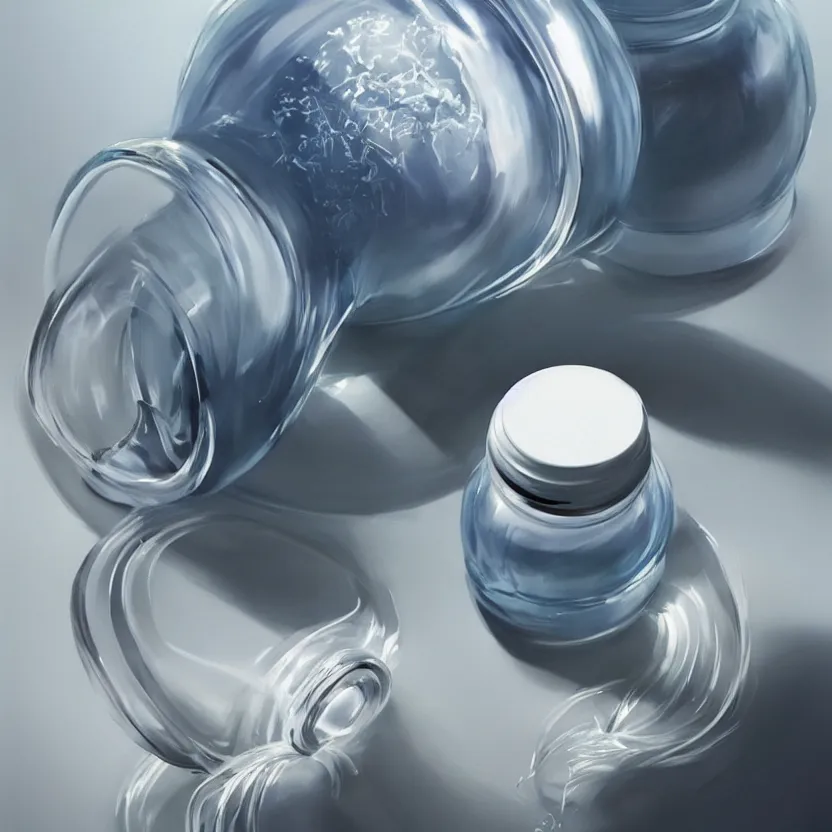 Image similar to concept art of luxury very modern dietary supplement with white liquid in a round transparent bottle with big black sticker on it, by aenaluck, artgerm and roberto ferri and greg rutkowski, light blue and white tones, digital painting, artstation, concept art, smooth, sharp foccus ilustration hq