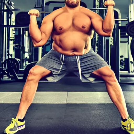 Shrek with six-pack abs working out at the gym