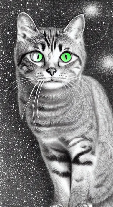 Prompt: highly detailed full body realistic pencil sketch of a beautiful cat with big green eyes in front of the galaxy stars