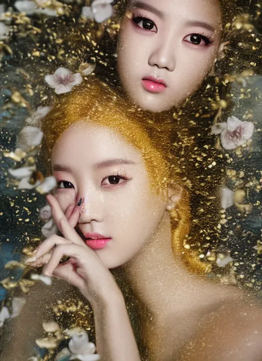 Image similar to Kodak Portra 400, 8K, soft light, volumetric lighting, highly detailed, KPOP style 3/4 ,portrait photo of LalisaManobal princess, the face emerges from a thermal water flowing down gold travertine terraces, with lotus flowers, inspired by Ophelia paint , a beautiful luxurious royal suit, intricate hair with highly detailed realistic beautiful flowers , Realistic, Refined, Highly Detailed, ethereal lighting colors scheme, outdoor fine art photography, Hyper realistic, photo realistic