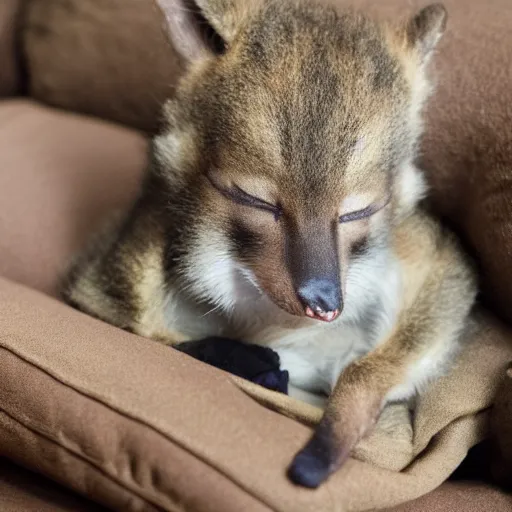 Prompt: baby thylacine sleeping on the couch, warm, cozy