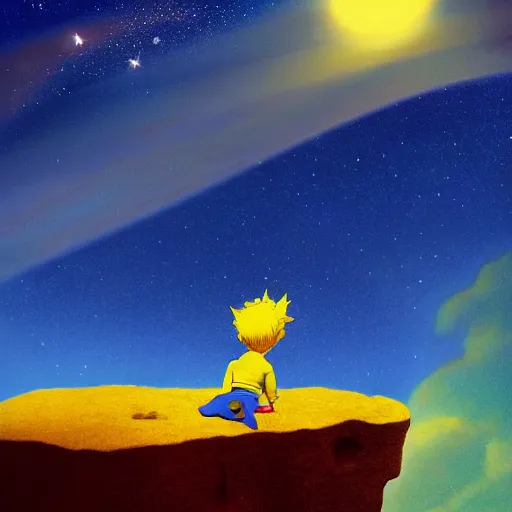 Prompt: le petit prince looking over a cliff at the sea with wind in his hair. pixar animated style. there are stars and galaxies glowing beautifully in the sky. pixar style, 4 k, beautiful and colorful