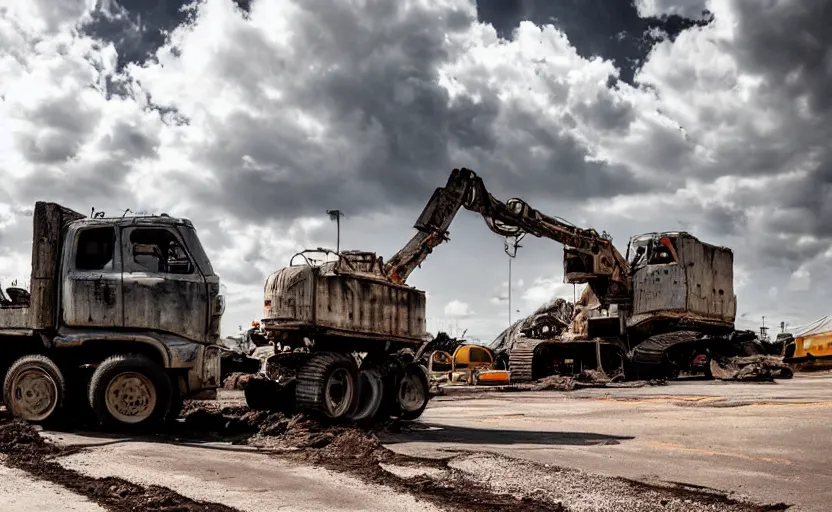 Prompt: an immense derelict monster truck cement mixer construction vehicle with tank turret and demolition ball in front of a road construction site, dystopian, imax, dramatic clouds, muted colors