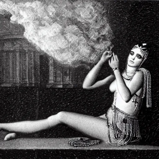 Prompt: photograph of Cleopatra on the rain, night, smoke, shadows,