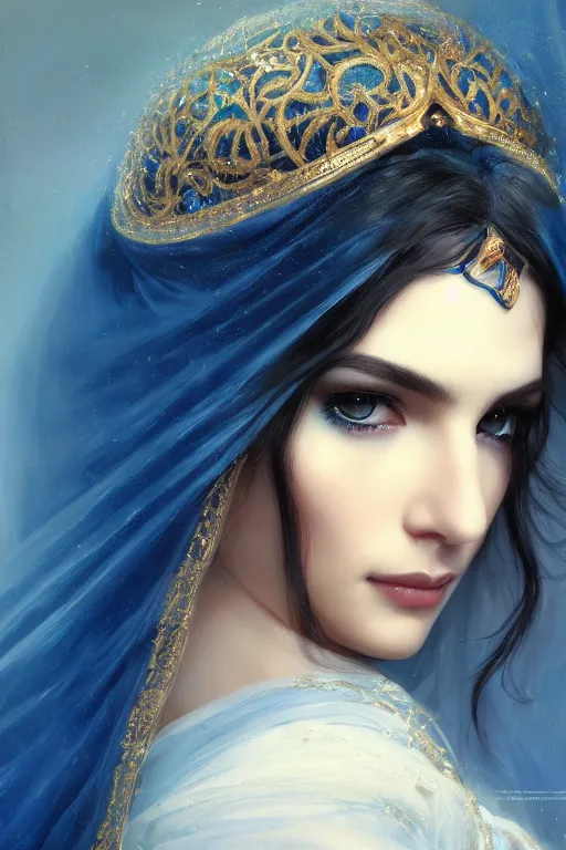 Image similar to arab Ameera al-Taweel, bright blue eyes, long wavy black hair, white veil, closeup, focus face, elegant, highly detailed, centered, oil painting, artstation, concept art by tom bagshaw