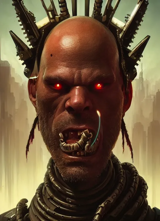 Prompt: portrait of an warhammer Orc as a character in Cyberpunk 2077, looking at camera, intricate, elegant, sci-fi, extremely detailed, digital painting, artstation, concept art, smooth, sharp focus, illustration, ambient lighting, incredible art by artgerm and greg rutkowski and alphonse mucha and simon stalenhag