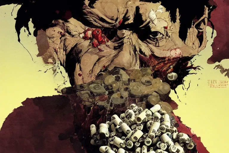 Image similar to full page illustration of tetsuo eating pills, by Katsuhiro Otomo, Phil hale, Ashley wood, Ilya repin, frank frazetta, 8k, hd, high resolution print